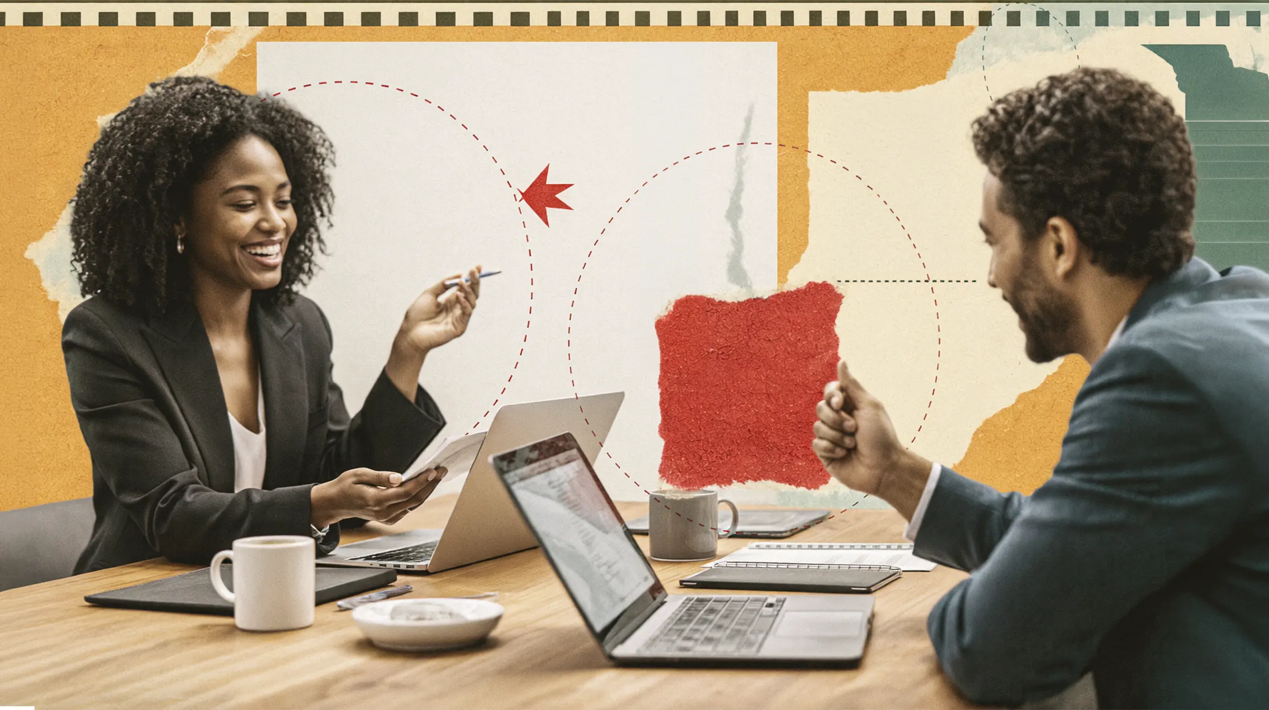 Two strategists collaborating across a table, The Sax Agency's neo-corporate approach: consultancy rigor paired with cultural fluency.