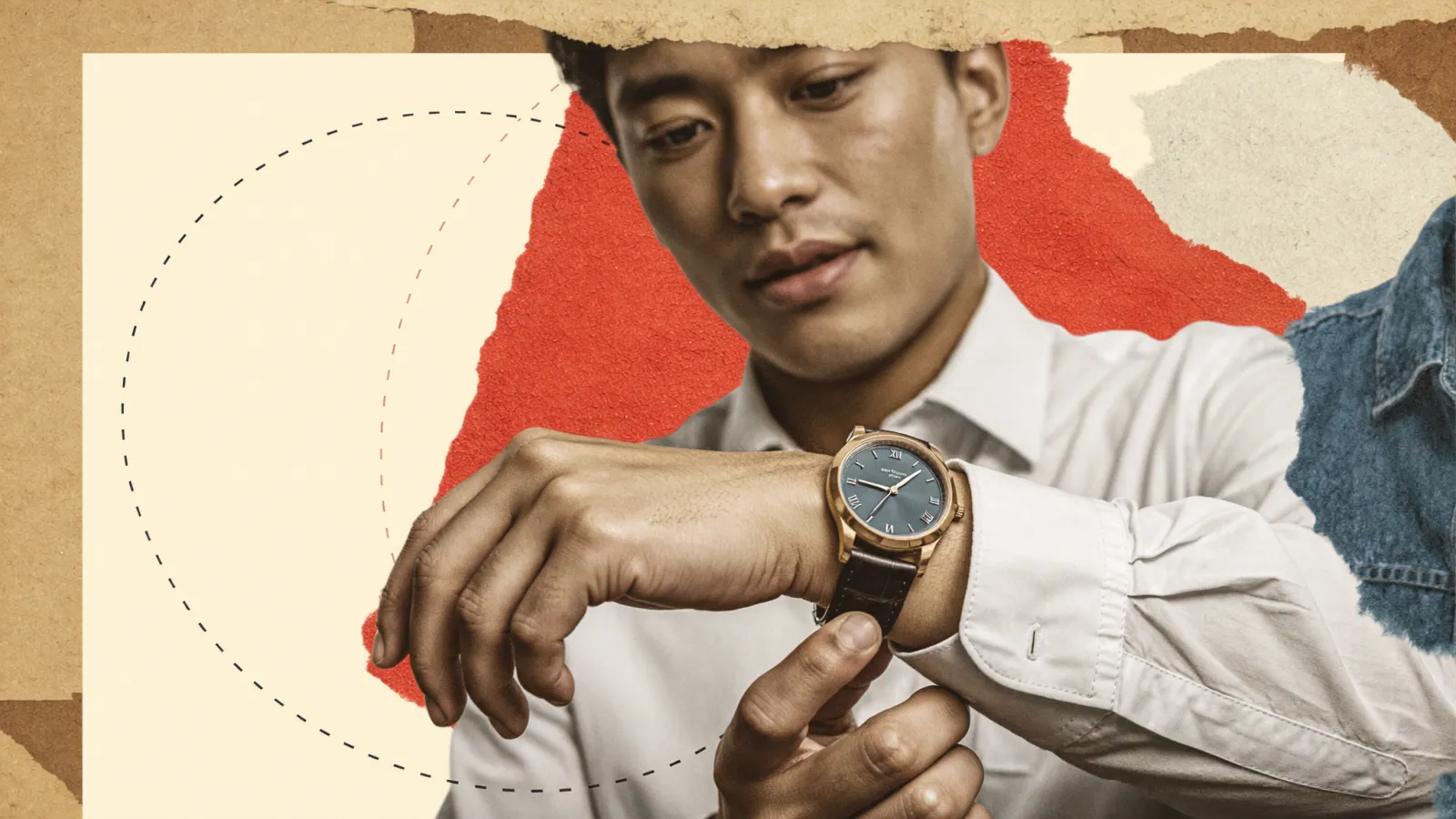 A consumer considering a wristwatch against a torn-paper brand collage, The Sax Agency's multicultural brand and product marketing.