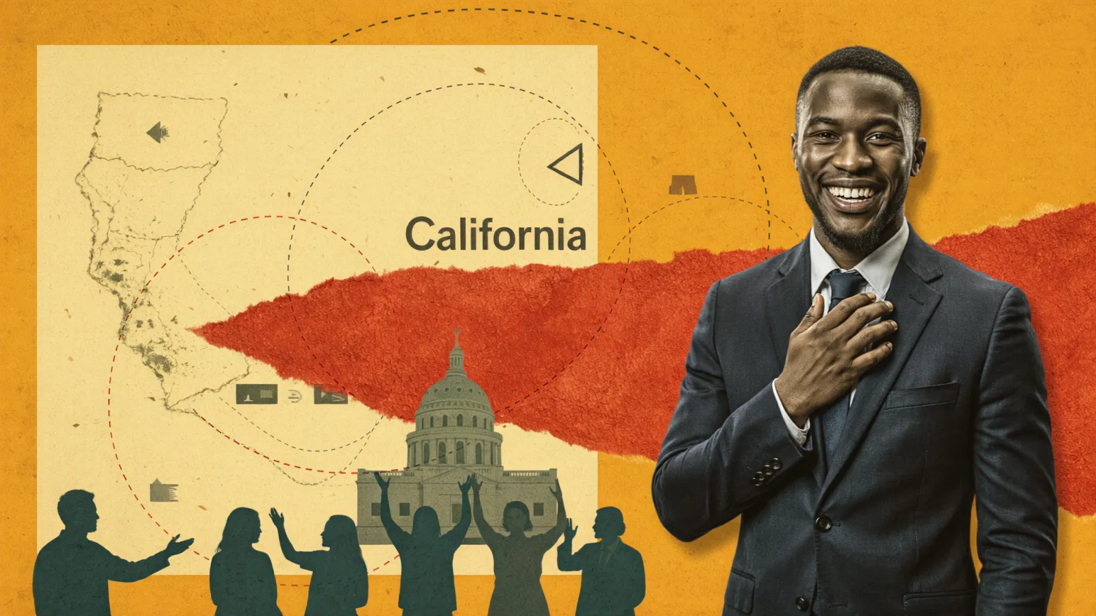 A California civic-leadership collage, the state capitol, the map, and the communities a statewide campaign has to reach.
